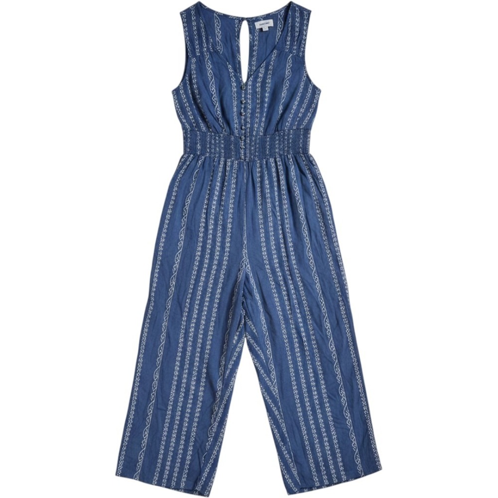 Japna Boho Chic Blue Jumpsuit Geometric Stripes Smocked Waist Indie Coastal Sz S